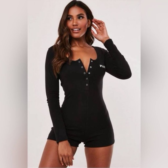Playboy X Misguided Ribbed Black Romper Playsuit - Picture 4 of 4